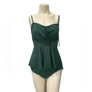 Nicole Miller 2Piece Bandeau Peplum Tankini Wicross Front Swim Green Woman’s M